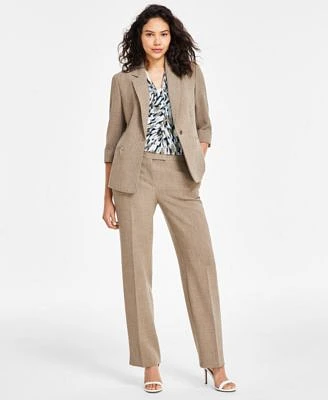 Kasper Womens Zip Pocket Blazer Printed Knot Front Top Extended Tab Straight Leg Pants