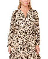 Vince Camuto Plus Size Animal Print Long Sleeve Split Neck Baby Doll Dress