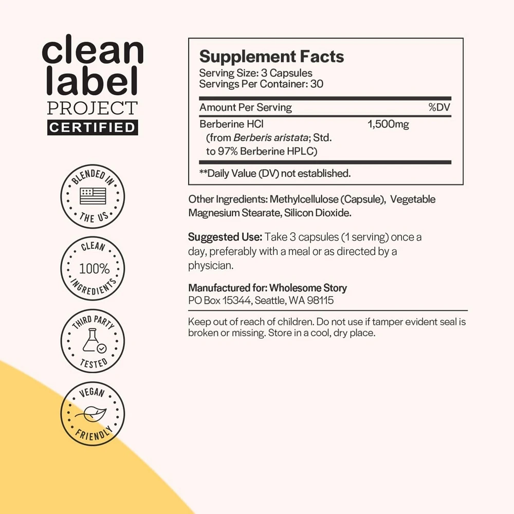 Wholesome Story Berberine Supplement 1500mg | Berberine 500mg Per Capsule | 97% Standardized Purity | Supports Metabolic Profiles & Hormonal Balance |