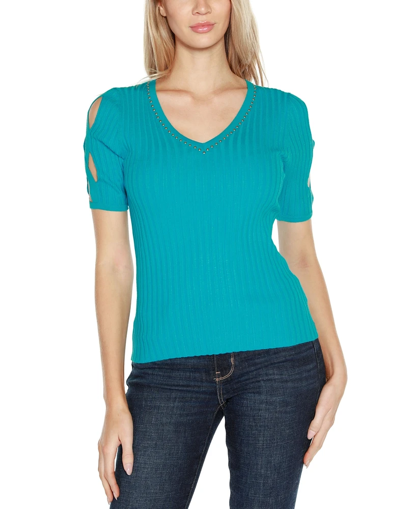 Belldini Women's Embellished Criss Cross Sleeve Sweater