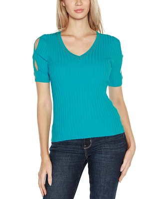 Belldini Women's Embellished Criss Cross Sleeve Sweater