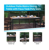 Outdoor Powder Coated Steel Dining Table With Faux Teak Poly Slat Top, 9' Patio Umbrella And Base