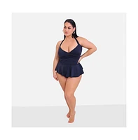 Rebdolls Plus Size Heatwave Halter Peplum One Piece Swimsuit - Navy