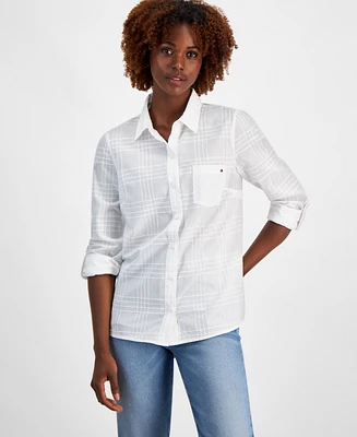 Tommy Hilfiger Women's Cotton Tonal-Plaid Roll-Tab Shirt