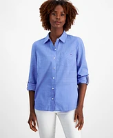 Tommy Hilfiger Women's Cotton Tonal-Plaid Roll-Tab Shirt