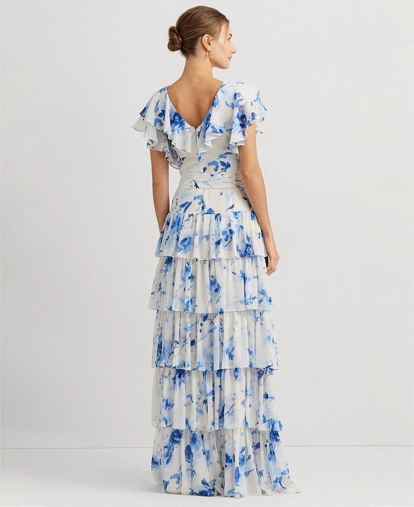 Lauren Ralph Women's Belted Tiered Floral Gown