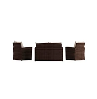 Atlas 4 Piece Patio Set Contemporary Loveseat, 2 Chair And Coffee Table With Back Pillows Seat Cushions