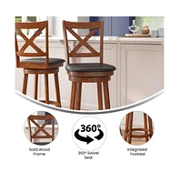 Sora Classic Wooden Crossback Swivel Bar Height Pub Stool With Upholstered Padded Seat And Integrated Footrest