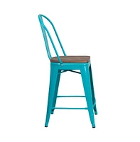 Sarah 24" Metal Indoor-Outdoor Counter Stool With Vertical Slat Back, Integrated Footrest And Wood Seat