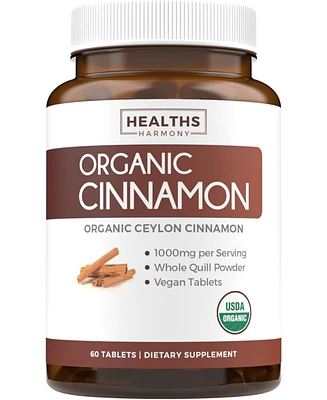 Healths Harmony Usda Organic Ceylon Cinnamon Tablets, 1000mg Cinnamon Quill Powder, Supports Metabolism & Cognition, Immune Support, Health's Harmony,