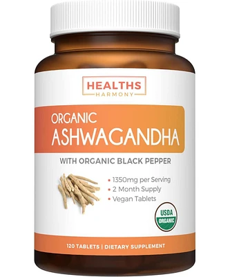 Healths Harmony Usda Organic Ashwagandha | with Black Pepper | Natural Adrenal Support, Cortisol & Thyroid Support, Immune Support | 120ct