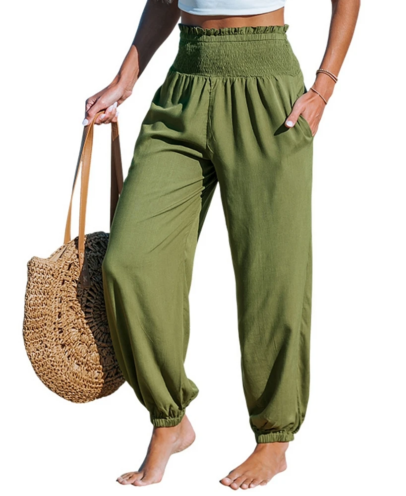 Cupshe Women's Green Smocked Waist Tapered Leg Casual Pants