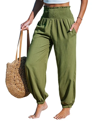 Cupshe Women's Green Smocked Waist Tapered Leg Casual Pants