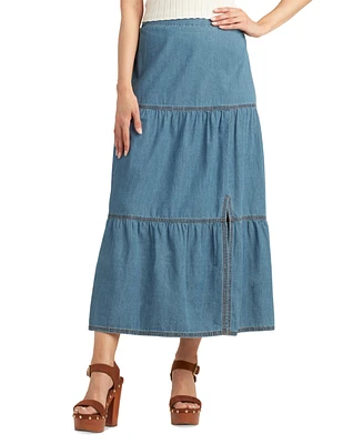 Bcx Juniors' Cotton Washed Tiered Midi Denim Skirt