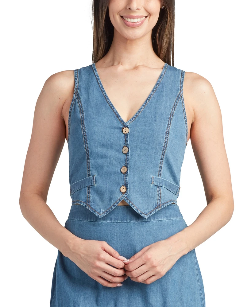 Bcx Juniors' Cotton Washed Denim Button-Front Vest