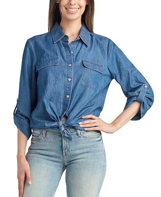 Bcx Juniors' Cotton Washed Denim Button-Front Shirt