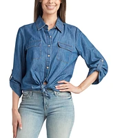 Bcx Juniors' Cotton Washed Denim Button-Front Shirt