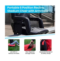 Set Of 2 Portable Stadium Chairs With Armrests, Reclining Padded Back & Seat, Lightweight Metal Frame Backpack Straps, Storage Pockets