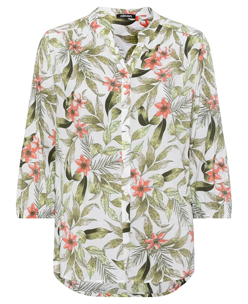 Olsen Women's 3/4 Cotton Viscose Tropic Jungle Print Tunic Shirt