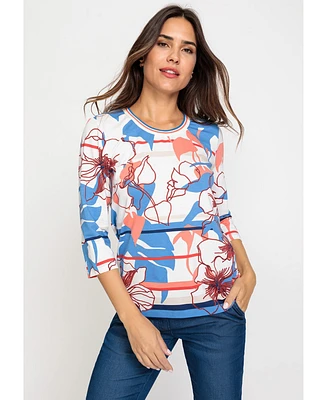 Olsen Women's Cotton Blend 3/4 Sleeve Multi-Print T-Shirt
