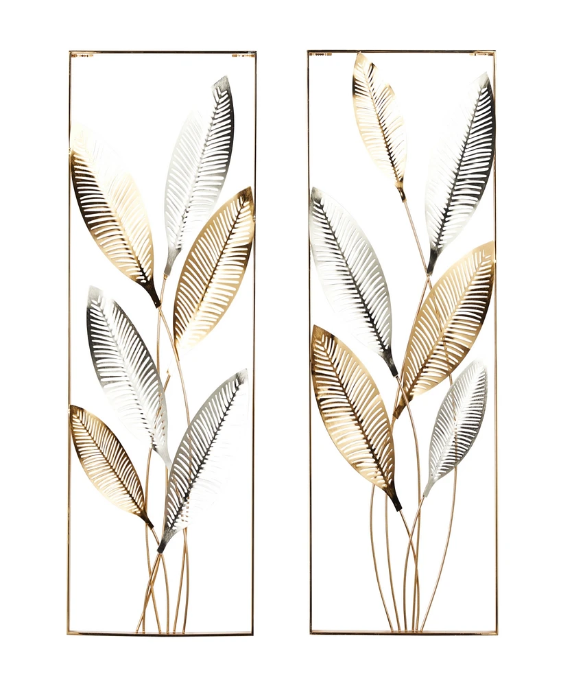 Rosemary Lane Gold Metal Metallic Cutout Leaf Wall Decor with Silver Accents Set of 2 14"W, 36"H