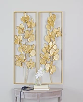 CosmoLiving by Cosmopolitan Gold Metal Orchid Floral Wall Decor with Gold Frame Set of 2 14"W, 36"H