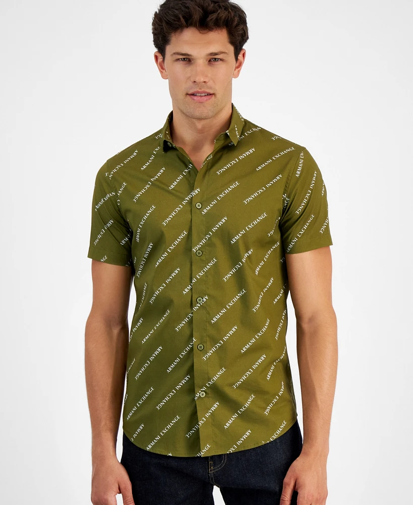 A|X Armani Exchange Men's Short Sleeve Button-Front Logo Print Stretch Shirt, Created for Macy's