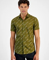 A|X Armani Exchange Men's Short Sleeve Button-Front Logo Print Stretch Shirt, Created for Macy's