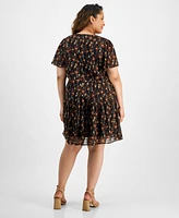 Taylor Plus Printed Flutter-Sleeve A-Line Dress