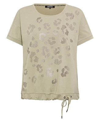 Olsen Women's Cotton Blend Embellished Leo Print T-Shirt