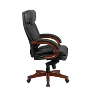 Emma+Oliver High Back Leather Executive Swivel Ergonomic Office Chair With Synchro-Tilt Mechanism, Mahogany Wood Base And Arms