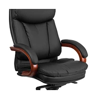 Emma+Oliver High Back Leather Executive Swivel Ergonomic Office Chair With Synchro-Tilt Mechanism, Mahogany Wood Base And Arms