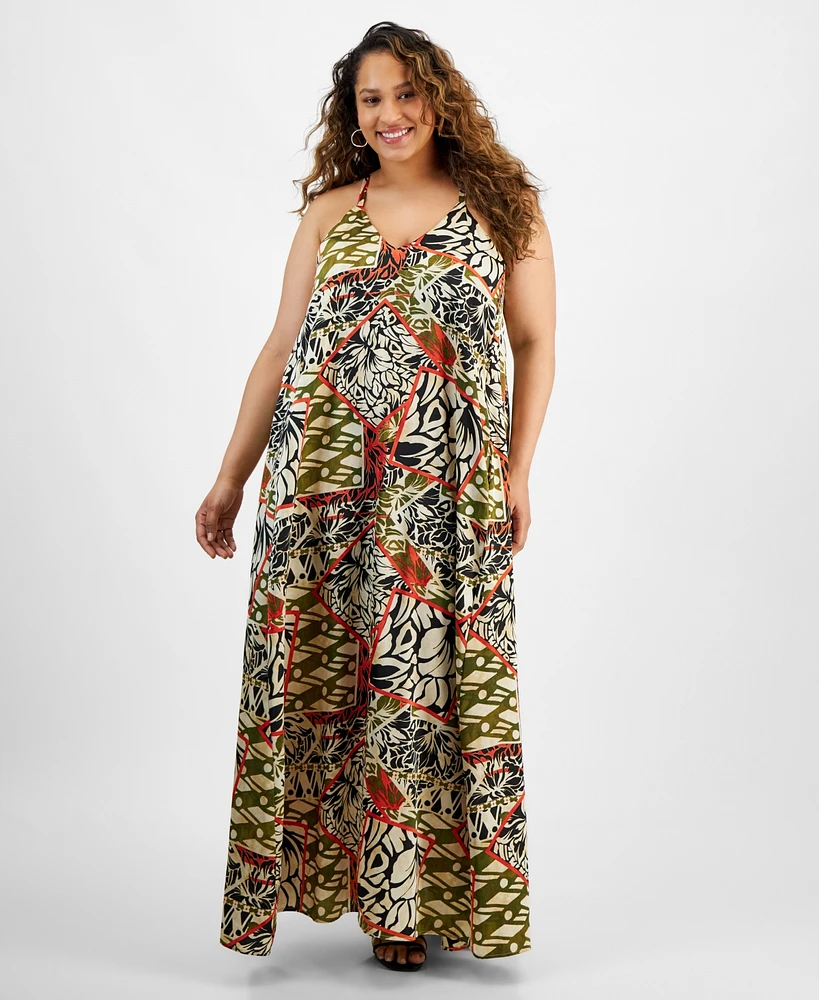 Tahari Plus Printed V-Neck Sleeveless Maxi Dress