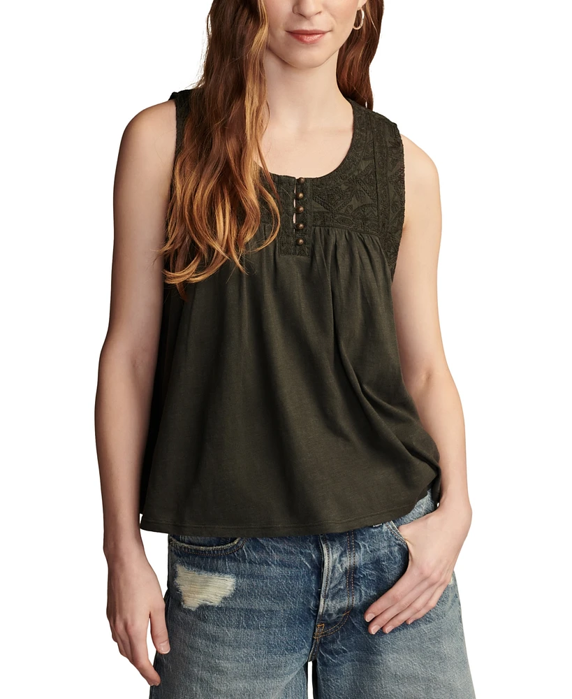 Lucky Brand Women's Cotton Embroidered Yoke Sleeveless Top