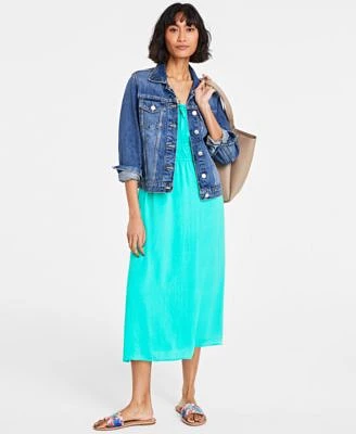 On 34th Womens Classic Denim Jacket Midi Dress Extra Large Tote Beaded Flat Sandals Seashell Pendant Created For Macys