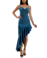 Emerald Sundae Juniors' Drape-Neck Asymmetric-Ruffle-Hem Dress