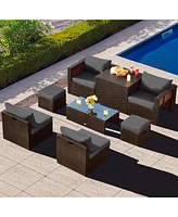 Gymax 8PCS Patio Rattan Pe Wicker Conversation Set All-Weather Furniture w/ Cushions Off White