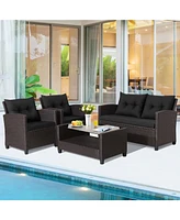 Gymax 4PCS Outdoor Conversation Set Patio Pe Rattan w/ Glass Table & Sofa Cushions