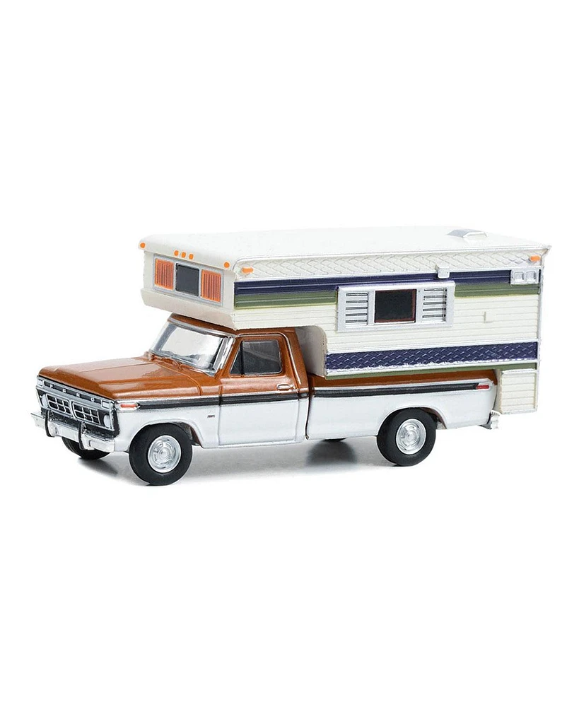 Greenlight 1/64 1976 Ford F-250 w/ Large Camper Special Nectarine & White Exclusive 30406