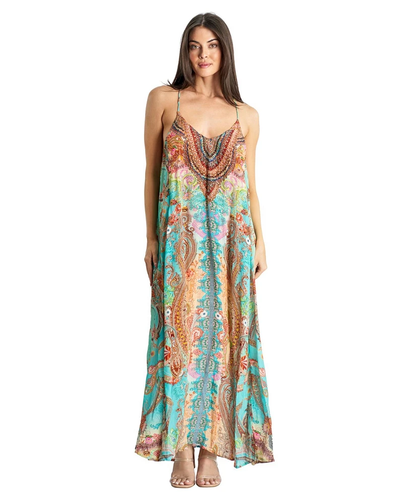 La Moda Clothing Women's Maxi Boho Art T back Dress with pockets