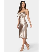 bebe Women's Hammered Satin Drawstring Midi Dress