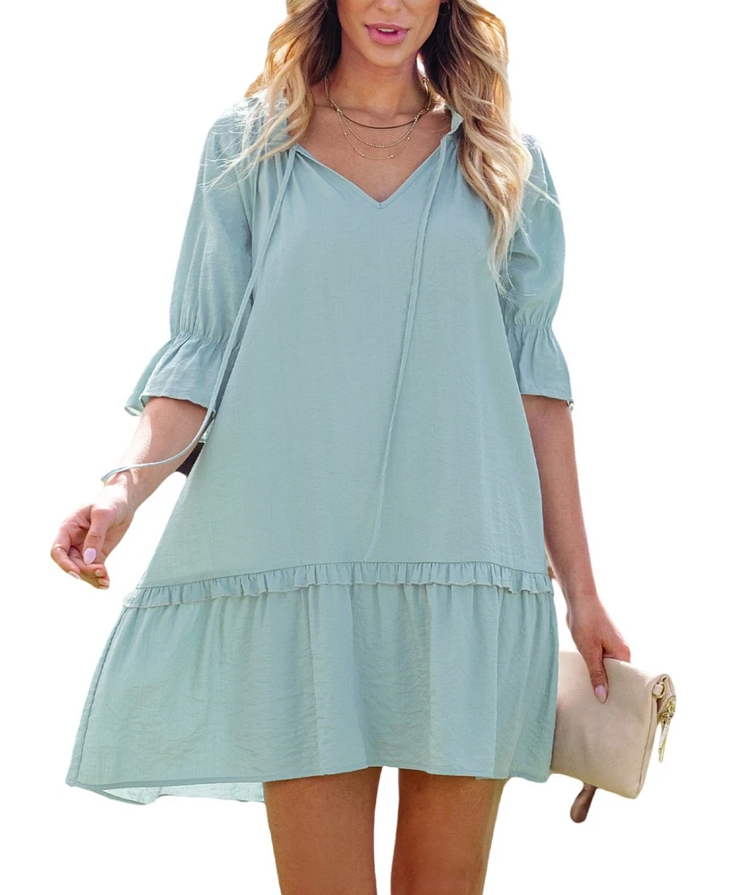 Cupshe Women's Light Blue Split Neck Ruffle Cuff Mini Beach Dress