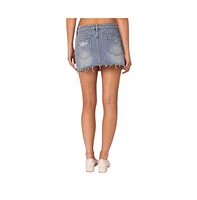 Edikted Women's Ginnie Low Rise Distressed Denim Mini Skirt