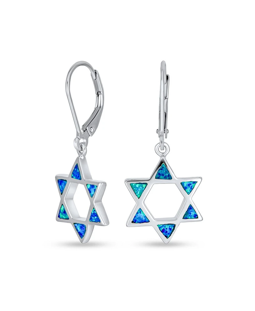 Bling Jewelry Created Blue Opal Religious Judaica Magen Hanukkah Star Of David Leverback Dangle Earrings For Women Bat Mitzvah Sterling Silver