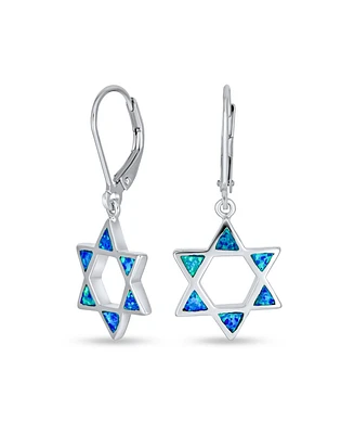 Bling Jewelry Created Blue Opal Religious Judaica Magen Hanukkah Star Of David Leverback Dangle Earrings For Women Bat Mitzvah Sterling Silver