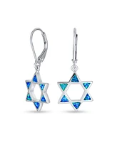 Bling Jewelry Created Blue Opal Religious Judaica Magen Hanukkah Star Of David Leverback Dangle Earrings For Women Bat Mitzvah Sterling Silver