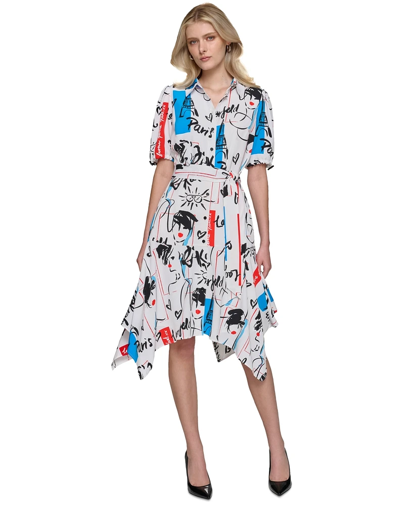 Karl Lagerfeld Paris Women's Printed Bungee-Sleeve Shirt Dress