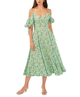 1.state Women's Floral Print Cold-Shoulder Puff Sleeve Midi Dress