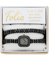 Folio Women's Three Hand Black Alloy Watch 20mm Gift Set