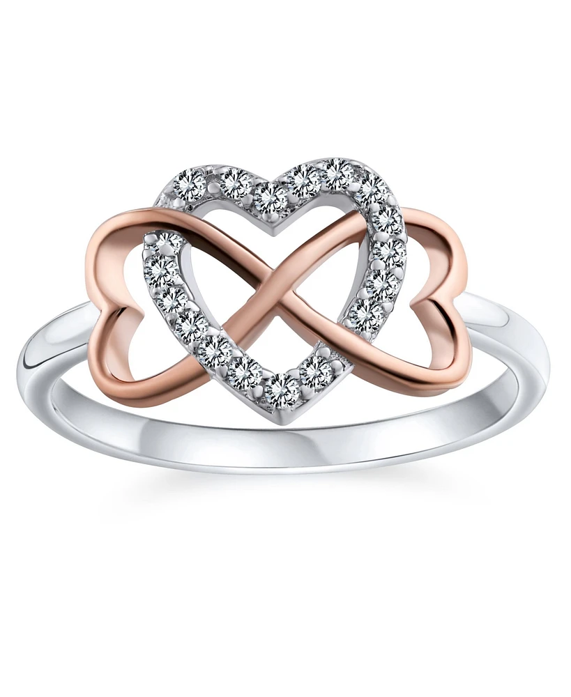 Bling Jewelry Two Tone Pave Cz Accent Cubic Zirconia Crossover Intertwined Infinity Heart Promise Ring For Women Rose Gold Plated Sterling Silver